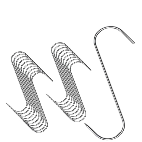 Set 20 carlige pentru carne si macelarie, argintii 14 cm, grosime 2.8 mm, inox rezistent tip S cu capat ascutit, pentru afumatoare, agatare si uscare