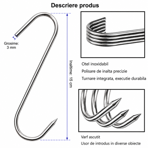 Set 20 carlige profesionale de macelarie, argintii 15 cm, grosime 3 mm, otel inoxidabil profil S cu varf penetrant, pentru agatarea preparatelor la afumare [1]