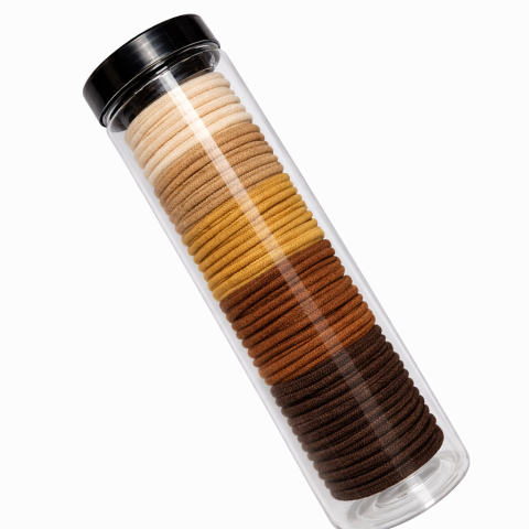 Set 20 elastice par textile 4.5 cm, culori crem, bej, camel, maro, maro inchis, cu tub depozitare transparent [1]