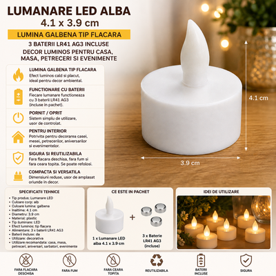 Set 20 lumanari LED albe 4.1 x 3.9 cm, iluminare galbena cu efect de flacara, 60 baterii LR41 AG3 incluse, pentru amenajare interior, mese festive si petreceri [4]