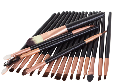 COSMETICE - Set 20 pensule machiaj profesionale, peri sintetici moi, maner negru cu finisaj rose gold