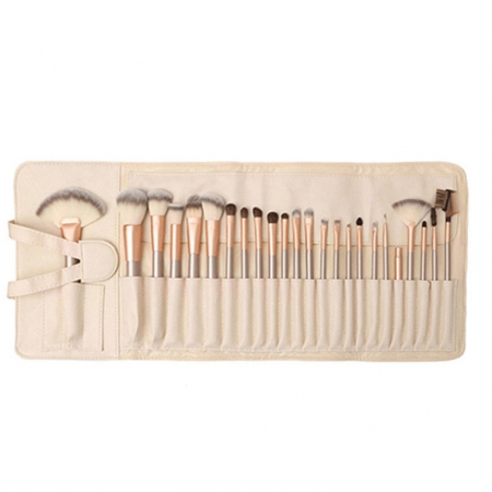 Set 24 pensule de machiaj,make up,manere din lemn,borseta din piele ecologica - Crem [1]