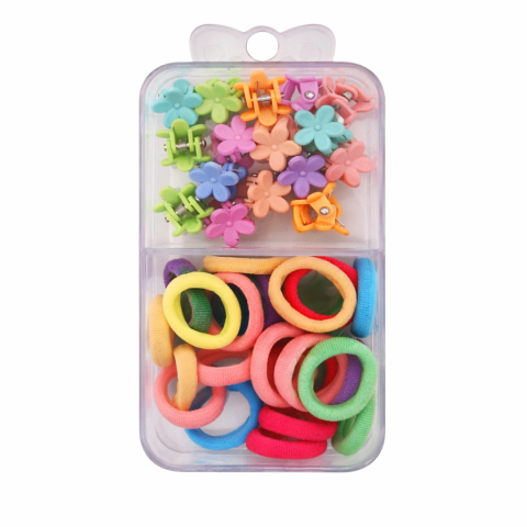 CASA & GRADINA - Set 25 elastice par 1.5 cm si 16 cleme mini florale 0.8 cm, cutie organizator transparenta