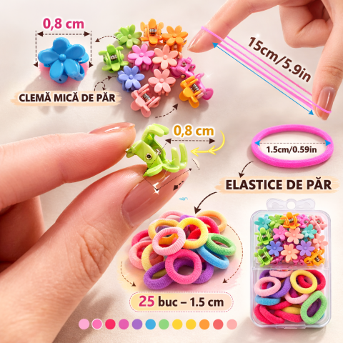 Set 25 elastice par 1.5 cm si 16 cleme mini florale 0.8 cm, cutie organizator transparenta [2]