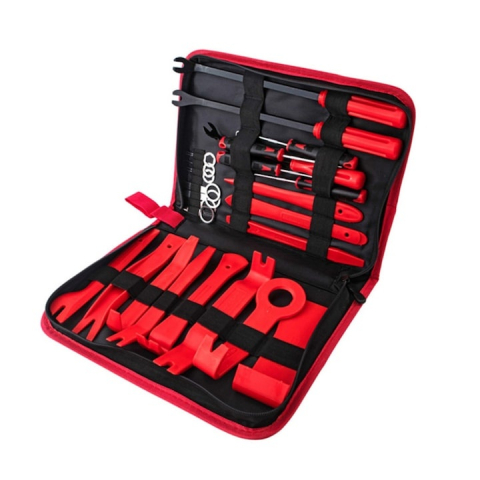 ARTICOLE AUTO - Set 25 unelte demontare interior auto, trusa demontare panouri, cleme si radio auto, plastic rezistent, rosu, cu geanta
