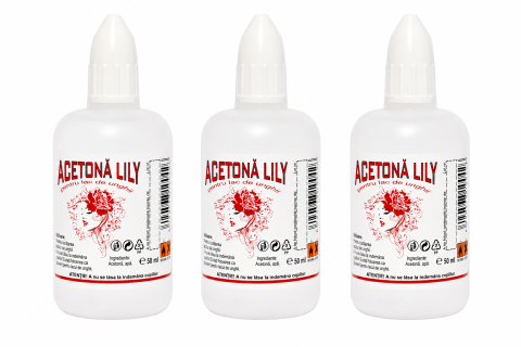 COSMETICE - Set 3 Acetone Lily cu picurator pentru indepartarea ojei si curatarea unghiilor, flacon plastic, 50 ml fiecare