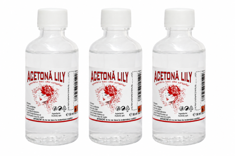 COSMETICE - Set 3 Acetone Lily pentru indepartarea ojei, recipiente din sticla, 50 ml fiecare