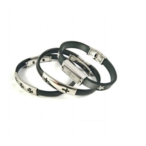 CADOURI - Set 3 bratari tip curea din silicon, negre, cu catarama si placuta din inox, diametru reglabil