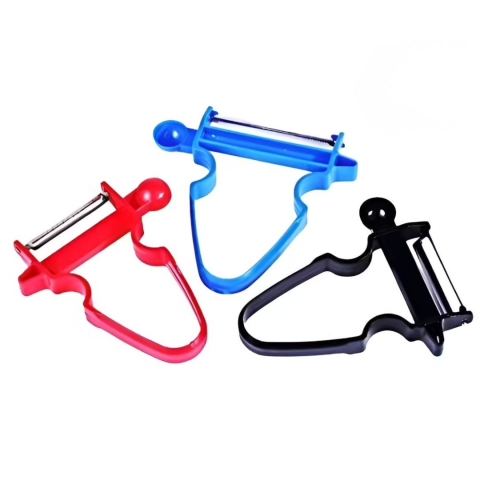 Set 3 curatatoare multifunctionale 3 in 1 pentru fructe si legume, lame inox, ergonomic, rosu negru albastru