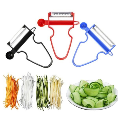 Set 3 curatatoare multifunctionale 3 in 1 pentru fructe si legume, lame inox, ergonomic, rosu negru albastru [4]