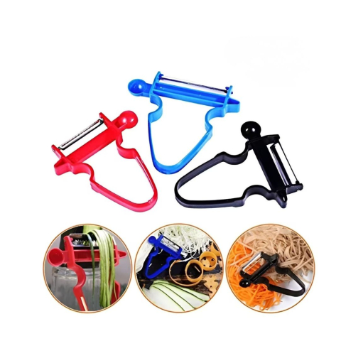 Set 3 curatatoare multifunctionale 3 in 1 pentru fructe si legume, lame inox, ergonomic, rosu negru albastru [10]