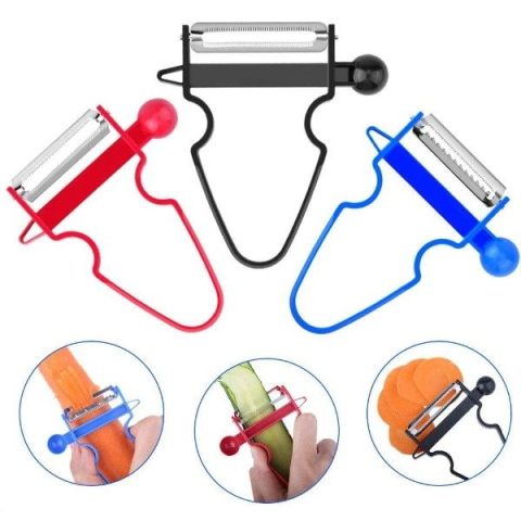 Set 3 curatatoare multifunctionale 3 in 1 pentru fructe si legume, lame inox, ergonomic, rosu negru albastru [3]