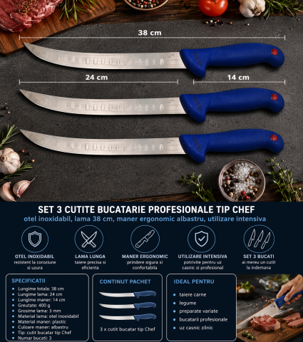 Set 3 cutite bucatarie profesionale tip Chef, otel inoxidabil, lama 38 cm, maner ergonomic albastru, utilizare intensiva [7]