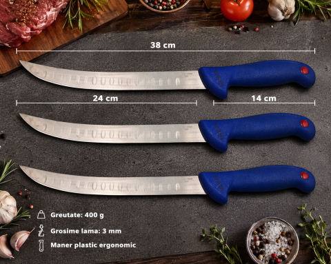 Set 3 cutite bucatarie profesionale tip Chef, otel inoxidabil, lama 38 cm, maner ergonomic albastru, utilizare intensiva [1]