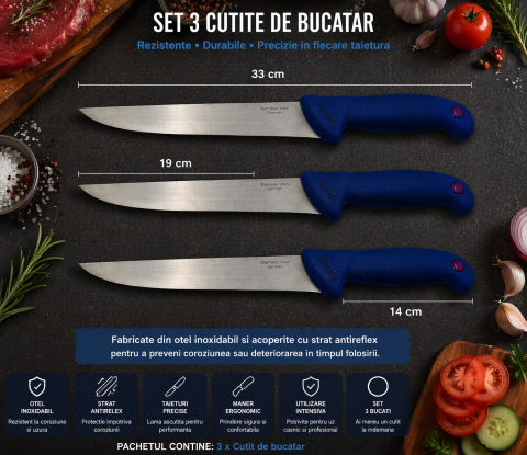 Set 3 cutite bucatarie tip Chef, otel inoxidabil, lama 19 cm, lungime 33 cm, maner ergonomic albastru, utilizare intensiva [1]