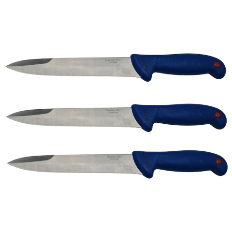 Cutite si tacamuri - Set 3 cutite bucatarie tip Chef pentru carne si taiere precisa, otel inoxidabil, lama 18 cm, lungime 32 cm, maner albastru ergonomic