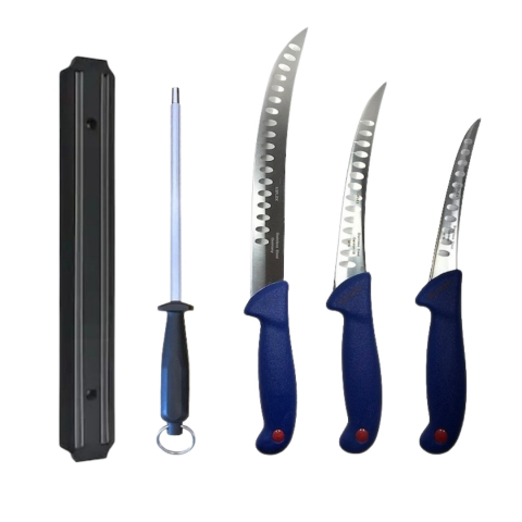 Cutite si tacamuri - Set 3 cutite profesionale de macelarie, injunghiat, transat, dezosat, filetat, masat pentru ascutit, suport magnetic