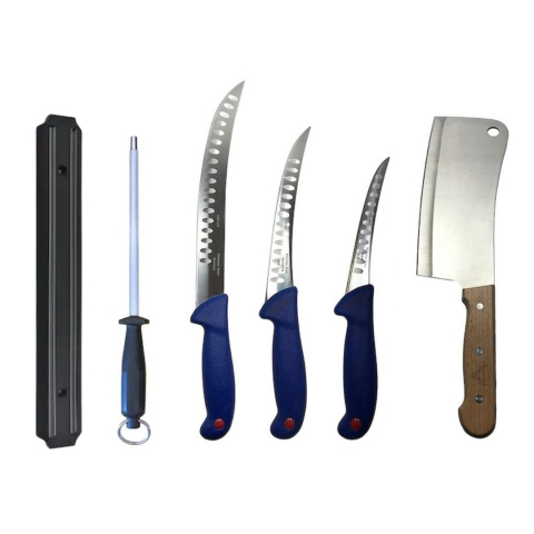 Cutite si tacamuri - Set 3 cutite profesionale de macelarie, injunghiat, transat, dezosat, filetat, satar, suport magnetic, masat pentru ascutit