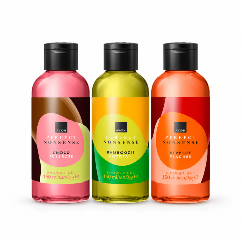 Geluri de dus - Set 3 Geluri de Dus Perfect Nonsense, 3 x 150 ml, Choco Tuberose, Bamboozie Cocktail si Peppery Peaches, Avon