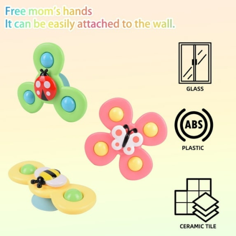 Set 3 jucarii interactive pentru bebelusi, model insecte, tip spinner, cu ventuze, ABS si silicon, rotativ, multicolor [2]
