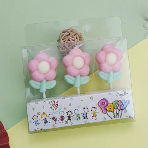 Set 3 Lumanari Decorative pentru Tort, Model Flori Roz, din Parafina Premium, Multicolor, Decor Aniversari, Candy Bar si Petreceri [1]