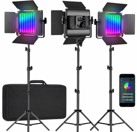 Iluminat LED - Set 3 panouri video LED RGB cu 3 trepiede, control prin aplicatie Bluetooth, 3200K-5600K, CRI97+, 20 efecte speciale, pentru studio foto, filmare si streaming