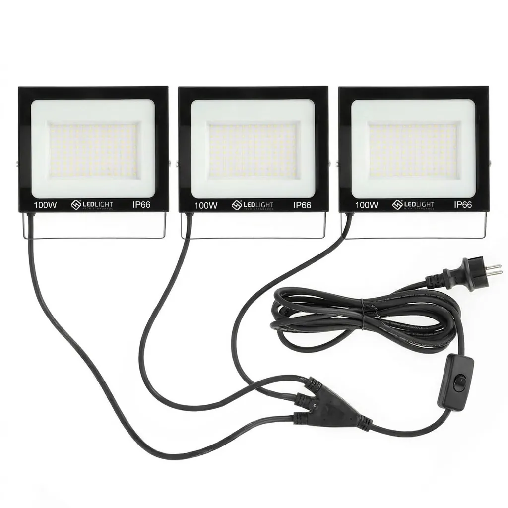 Iluminat LED - Set 3 proiectoare LED 300W, 3 x 100W, 22,5 x 17,5 cm, lumina rece 6000K, IP66, cablu 200 cm