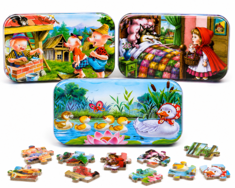 Jucării puzzle - Set 3 Puzzle-uri Educative din Lemn, 60 Piese fiecare, in Cutii Metalice, Modele Scufita Rosie, Cei Trei Purcelusi si Ratuste, 22.5 x 13.5 cm, Multicolor
