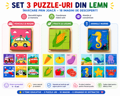JOCURI ȘI JUCĂRII - Set 3 puzzle-uri educative din lemn cu 9 cuburi rotative, modele Vehicule si Masini, Animale Marine si Fructe & Legume, 18 imagini, copii 4–6 ani, 11 x 11 x 3.2 cm