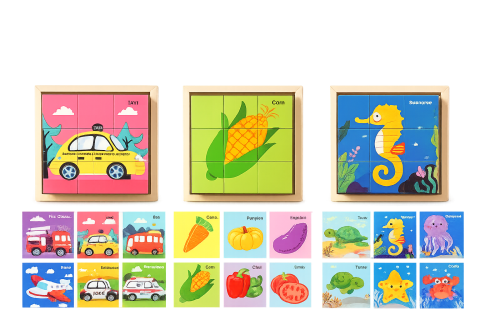 Set 3 puzzle-uri educative din lemn cu 9 cuburi rotative, modele Vehicule si Masini, Animale Marine si Fructe & Legume, 18 imagini, copii 4–6 ani, 11 x 11 x 3.2 cm [1]