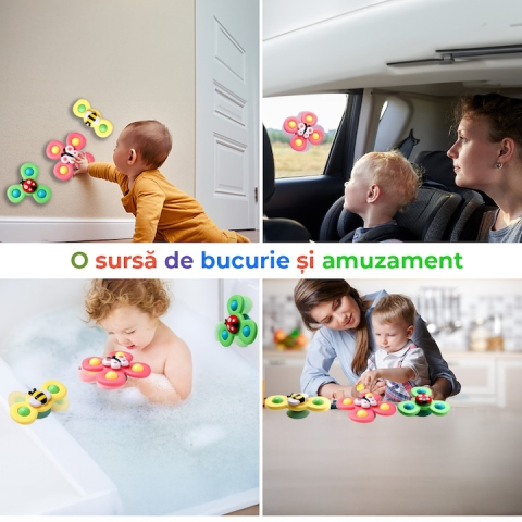 Set 3 spinnere senzoriale pentru copii, jucarii cu ventuza pentru baie, masa si calatorii, albina, fluture, buburuza [8]