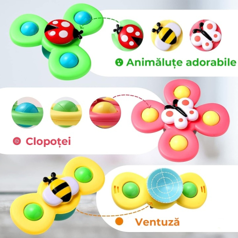 Set 3 spinnere senzoriale pentru copii, jucarii cu ventuza pentru baie, masa si calatorii, albina, fluture, buburuza [5]