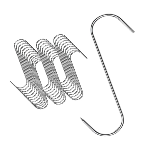 Set 30 carlige de afumare si maturare, argintii 14.5 cm, grosime 3 mm, otel inoxidabil curbat tip S cu extremitate penetranta, pentru preparate din carne