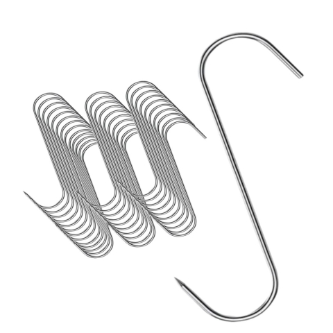 Set 30 carlige pentru afumatoare si procesare, argintii 14 cm, grosime 3 mm, otel inoxidabil curbat tip S cu varf penetrant, pentru preparate din carne [2]