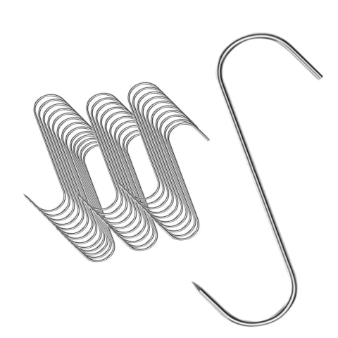Diverse bucatarie - Set 30 carlige pentru procesare si agatare, argintii 15 cm, grosime 3 mm, otel inoxidabil curbat tip S cu extremitate penetranta, pentru preparate din carne
