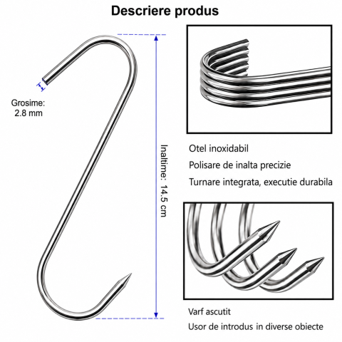 Set 30 carlige pentru suspendare si afumare, argintii 14.5 cm, grosime 2.8 mm, inox tip S cu varf ascutit, pentru carne, macelarie, uscare si maturare [1]