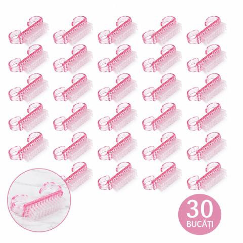 Ustensile îngrijire unghii - Set 30 Perii pentru Curatarea Unghiilor, Peri Moi si Rezistenti, Design Ergonomic cu Prindere Dubla, 6.5 x 3.2 x 1.5 cm, Roz Transparent