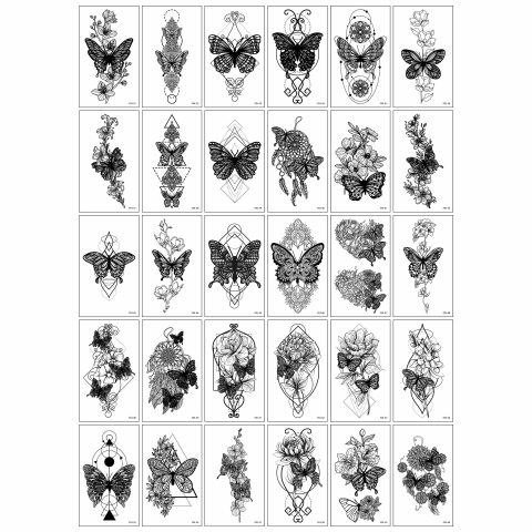 Ustensile îngrijire păr - Set 30 tatuaje temporare cu fluturi si motive florale, rezistente la apa, aplicare usoara, baza de apa, 10 x 6 cm, negru