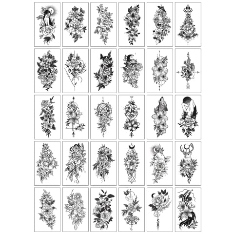 Ustensile îngrijire corp - Set 30 tatuaje temporare decorative, modele florale artistice, transfer cu apa, rezistente la apa, 10 x 6 cm, negru