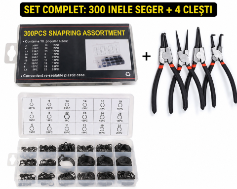 CASA & GRADINA - Set 300 inele Seeger negre 2-32 mm cu 4 clesti pentru sigurante interioare si exterioare, trusa organizatoare, pentru reparatii auto, mecanica si service
