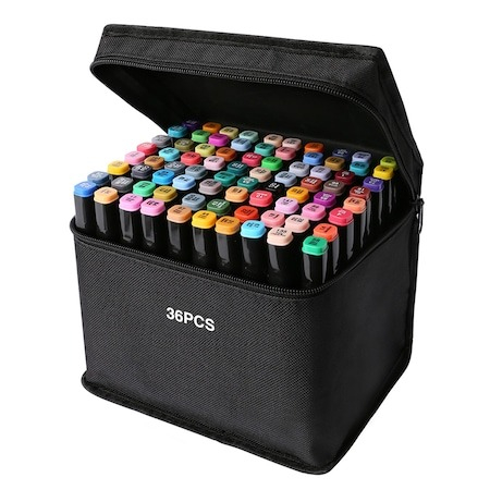 Set pictură și desen - Set de 36 markere colorate,1 varf rotund subtire,1 varf inclinat gros,geanta depozitare inclusa