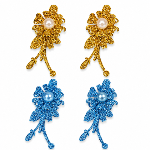 CASA & GRADINA - Set 4 agrafe de par aurii si bleu 5 x 2 cm, model floral metalizat, 2 aurii + 2 bleu, accesorii elegante pentru coafuri
