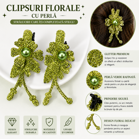 Set 4 agrafe de par aurii si verzi 5 x 2 cm, model floral metalizat, 2 aurii + 2 verzi, accesorii elegante pentru coafuri [4]
