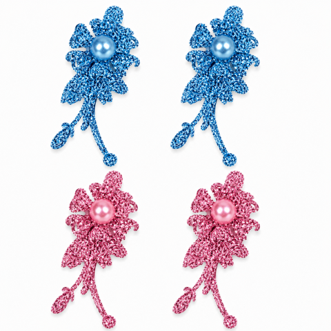 CASA & GRADINA - Set 4 agrafe de par bleu si roz 5 x 2 cm, model floral metalizat, 2 bleu + 2 roz, accesorii elegante pentru coafuri
