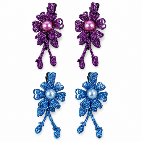CASA & GRADINA - Set 4 agrafe de par mov si bleu 5 x 2 cm, model floral metalizat, 2 mov + 2 bleu, fixare sigura pentru orice coafura