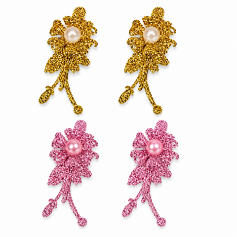 CASA & GRADINA - Set 4 agrafe de par roz si aurii 5 x 2 cm, model floral metalizat, 2 roz + 2 aurii, accesorii decorative pentru par