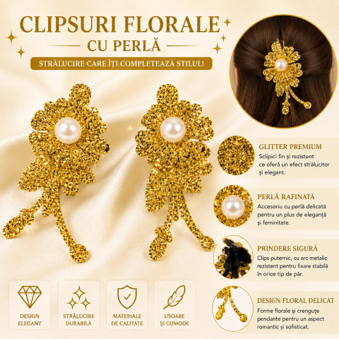 Set 4 agrafe de par roz si aurii 5 x 2 cm, model floral metalizat, 2 roz + 2 aurii, accesorii decorative pentru par [4]