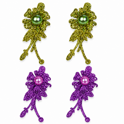 CASA & GRADINA - Set 4 agrafe de par verzi si mov 5 x 2 cm, model floral metalizat, 2 verzi + 2 mov, prindere rezistenta si confortabila