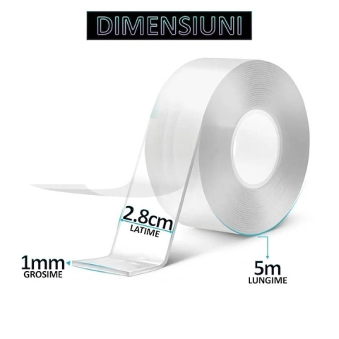 Set 4 benzi dublu adezive transparente, 5 metri pe rola, siliconice, flexibile, rezistente la apa, reutilizabile, nu lasa urme, aplicabile pe diverse suprafete [5]