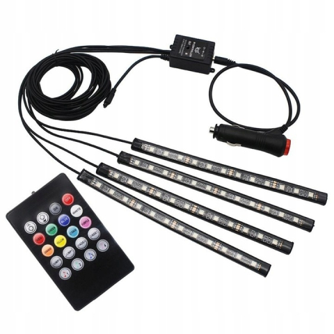 Alte lumini auto - Set 4 benzi LED RGB ambientale pentru interior auto, telecomanda IR, 8 culori, 12 LED-uri/banda, alimentare 12V la priza auto